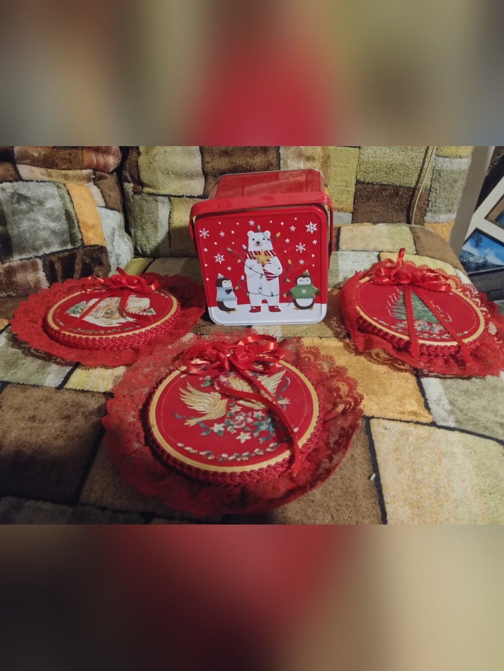 Red Holiday Coaster Set with Matching Tin -